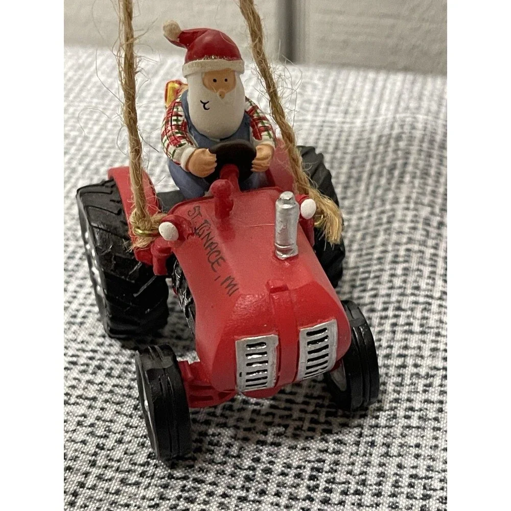 St Ignace Michigan Santa Red Tractor Christmas Ornament Resin Farm Souvenir